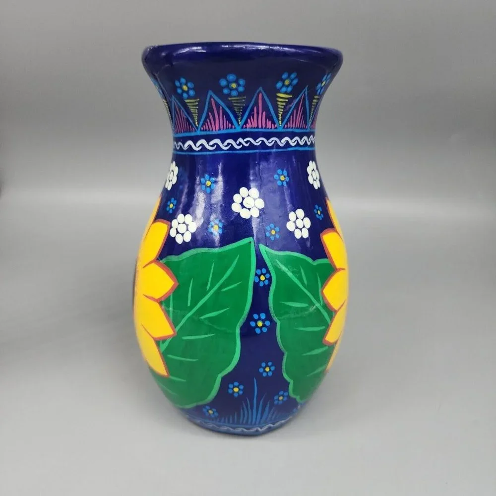 Hand-Painted Sunflower Ceramic Vase - Blue and Yellow